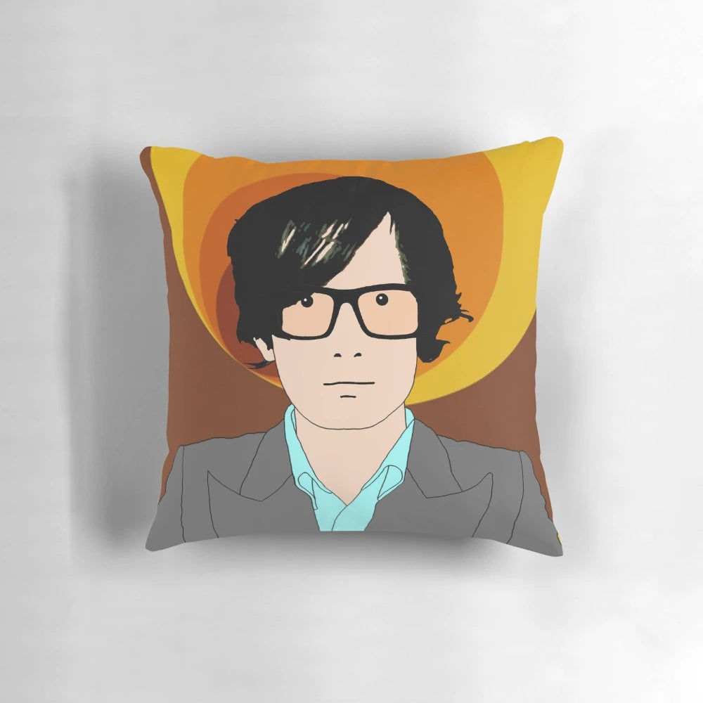 A stylish pillow featuring the image of Jarvis Cocker, the iconic British indie rock musician