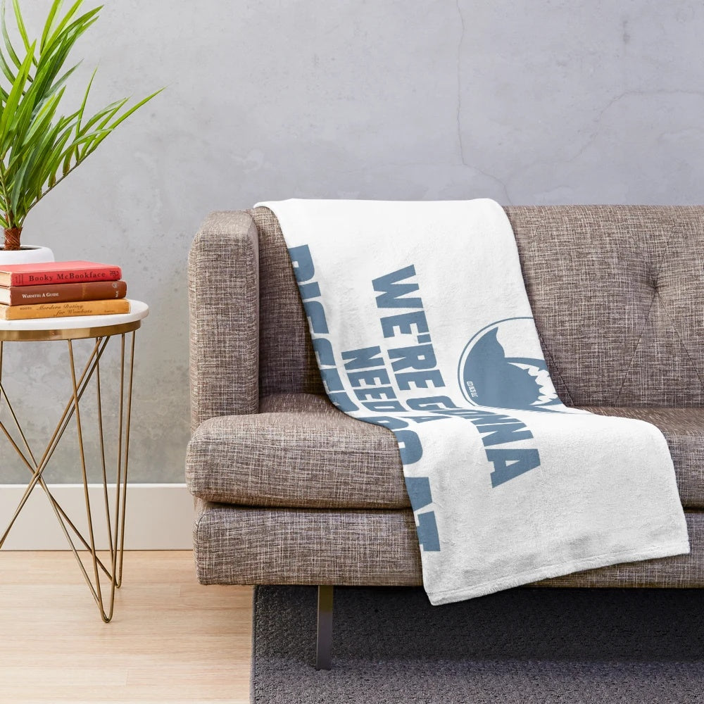 Jaws movie inspired plush blanket featuring iconic "We're Gonna Need a Bigger Boat" quote