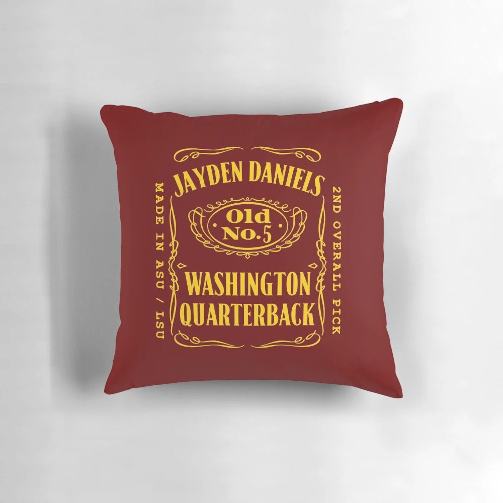 Jayden Daniels inspired Jack Daniels parody design on a custom sports pillow for football fans