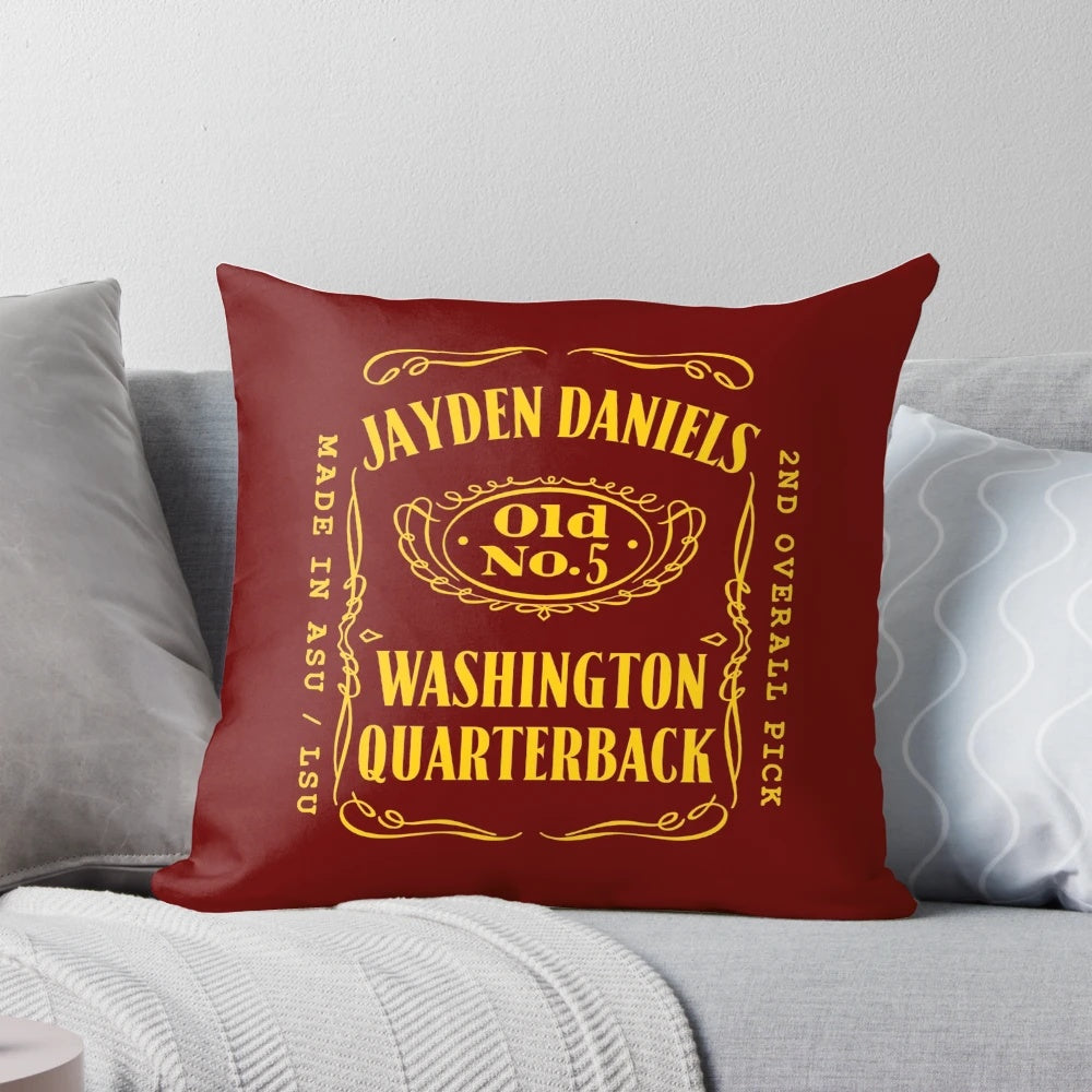 Jayden Daniels inspired Jack Daniels parody design on a custom sports pillow for football fans