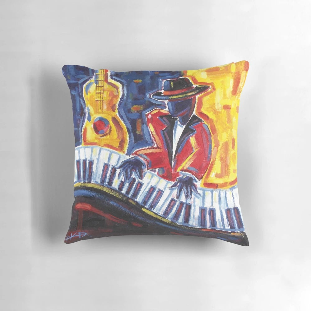 Jazz Hands Pillow featuring a stylized musical design with trumpets, saxophones, and jazz hands