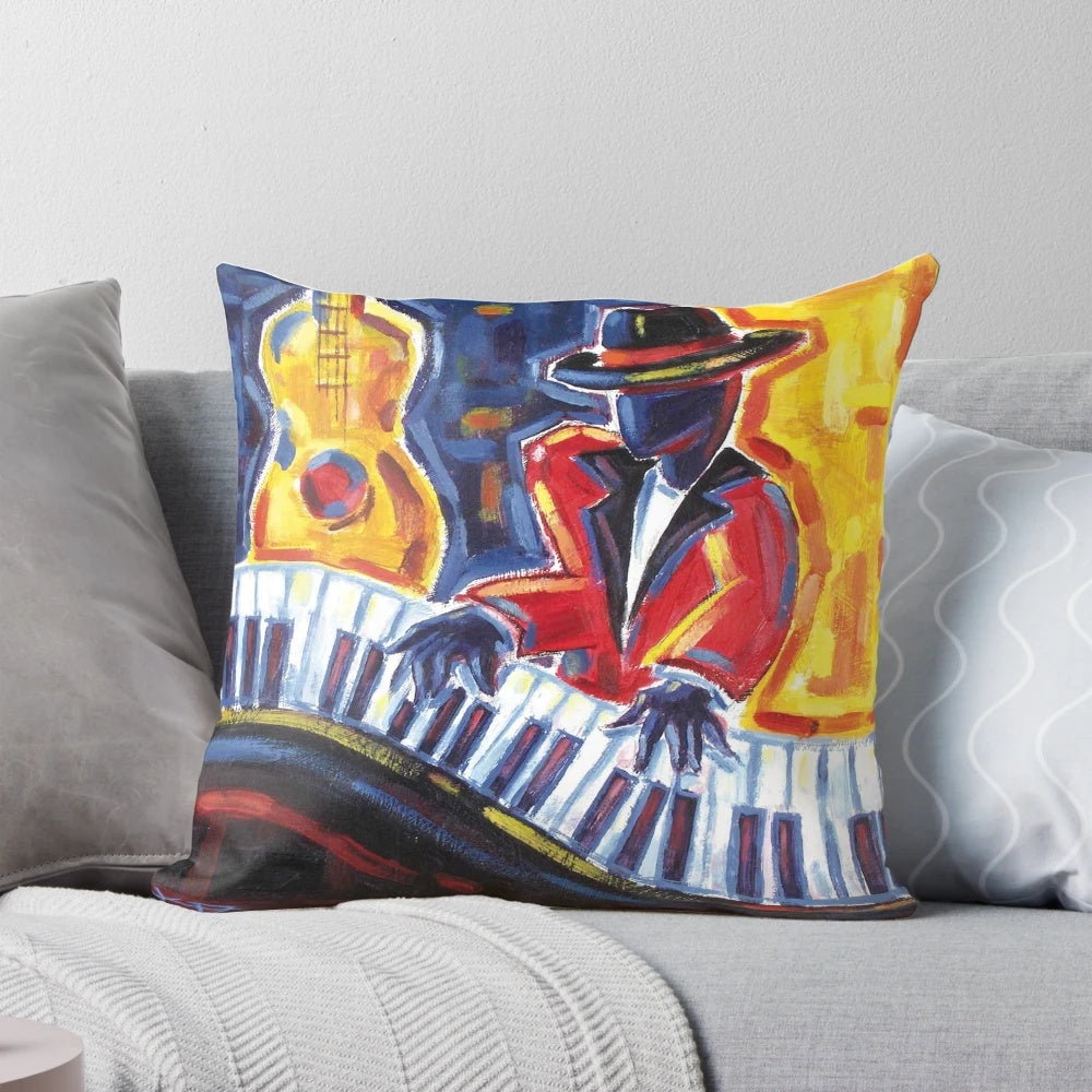 Jazz Hands Pillow featuring a stylized musical design with trumpets, saxophones, and jazz hands