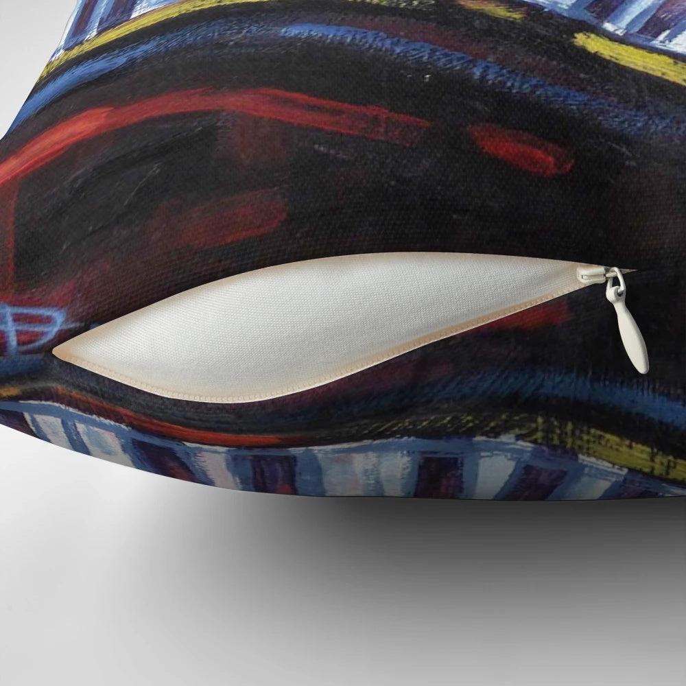 Jazz Hands Pillow featuring a stylized musical design with trumpets, saxophones, and jazz hands