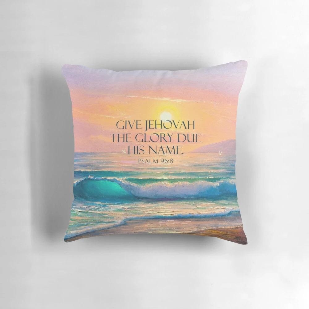 Pillow featuring the 2025 year text and a sunset painting, perfect for Jehovah's Witnesses and Bible study.