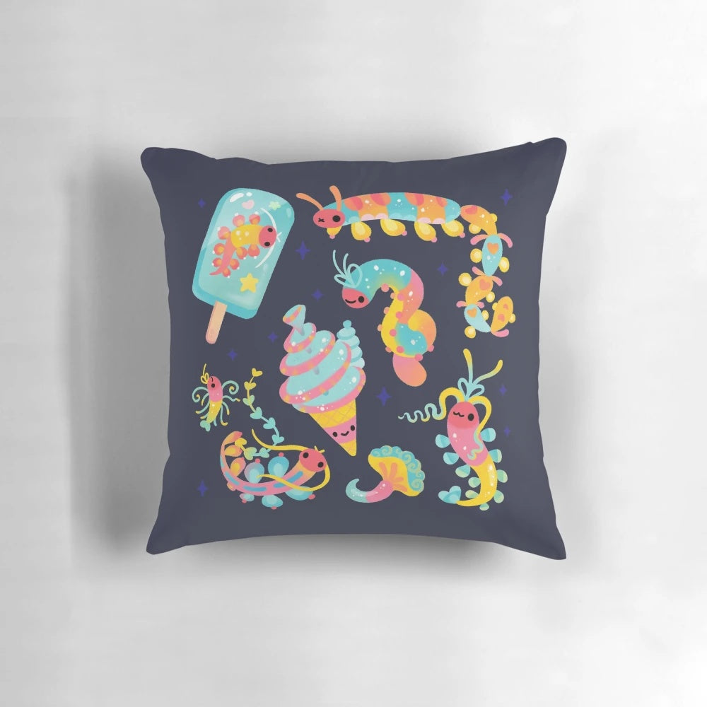 Plush pillow featuring a jelly polychaete worm design, perfect for marine life and ocean-themed decor.