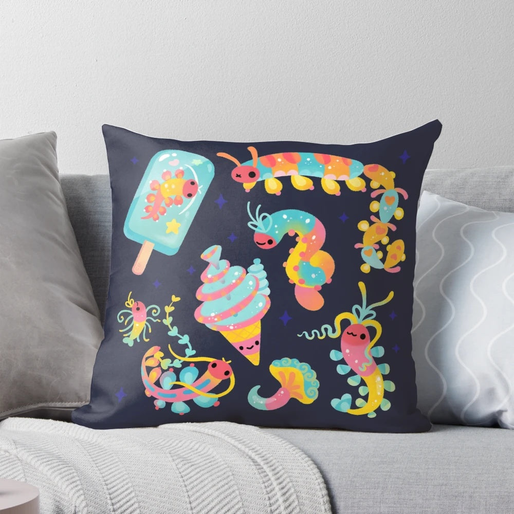 Plush pillow featuring a jelly polychaete worm design, perfect for marine life and ocean-themed decor.