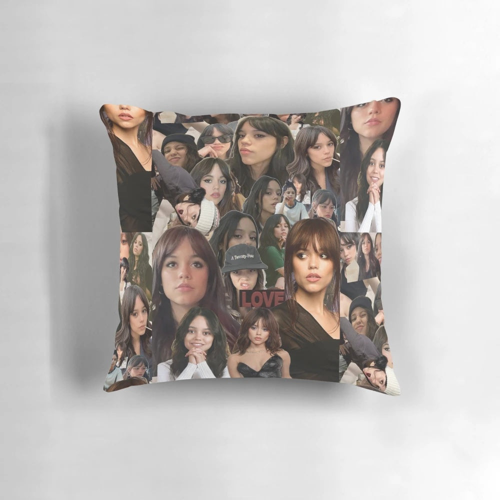 Jenna Ortega photo collage printed on a soft, high-quality pillow