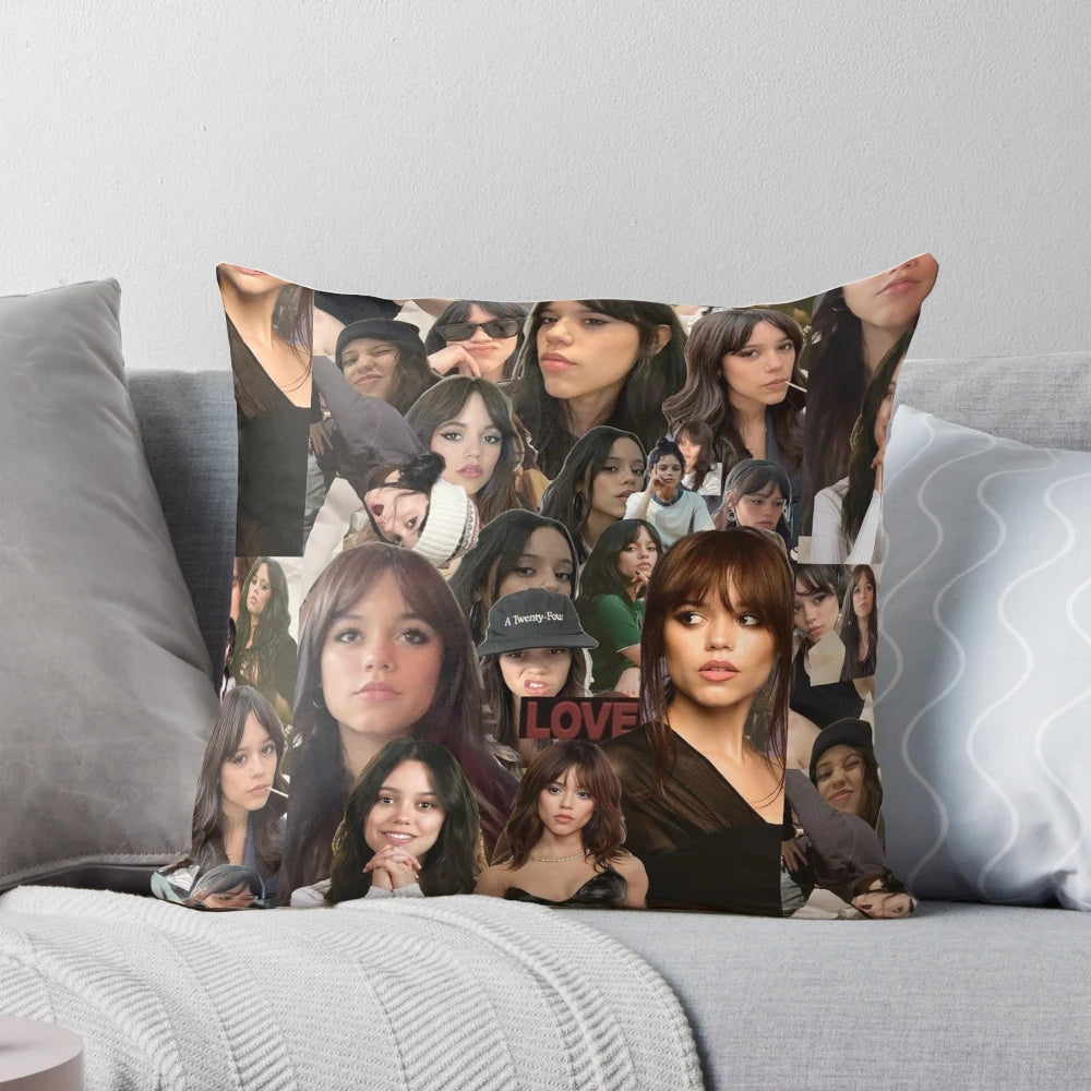 Jenna Ortega photo collage printed on a soft, high-quality pillow