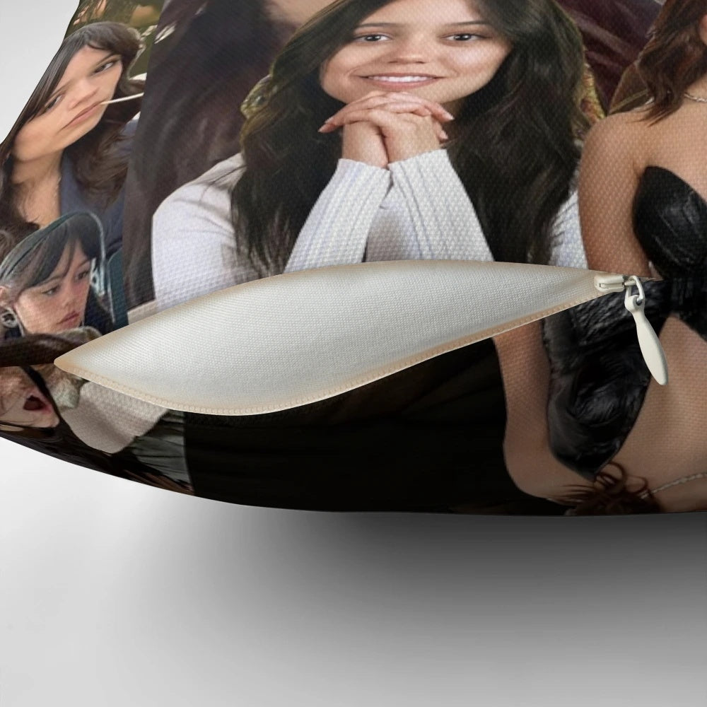 Jenna Ortega photo collage printed on a soft, high-quality pillow