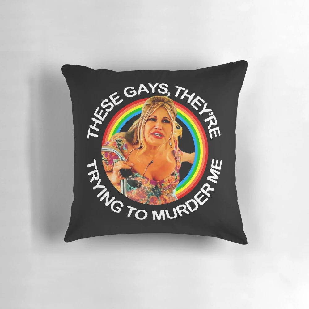 "Jennifer Coolidge 'These Gays' quote decorative pillow with rainbow flag design, inspired by the hit TV show 'The White Lotus'"