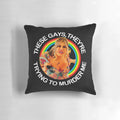 "Jennifer Coolidge 'These Gays' quote decorative pillow with rainbow flag design, inspired by the hit TV show 'The White Lotus'"