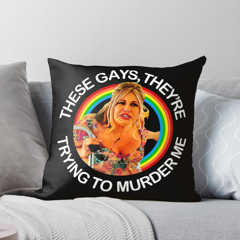 "Jennifer Coolidge 'These Gays' quote decorative pillow with rainbow flag design, inspired by the hit TV show 'The White Lotus'"