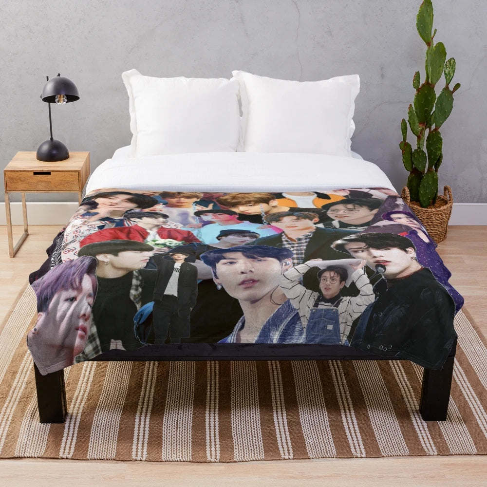 Jungkook inspired plush blanket with collage artwork of the BTS member
