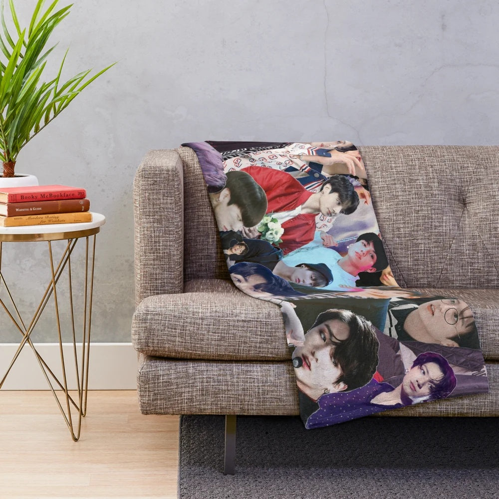 Jungkook inspired plush blanket with collage artwork of the BTS member