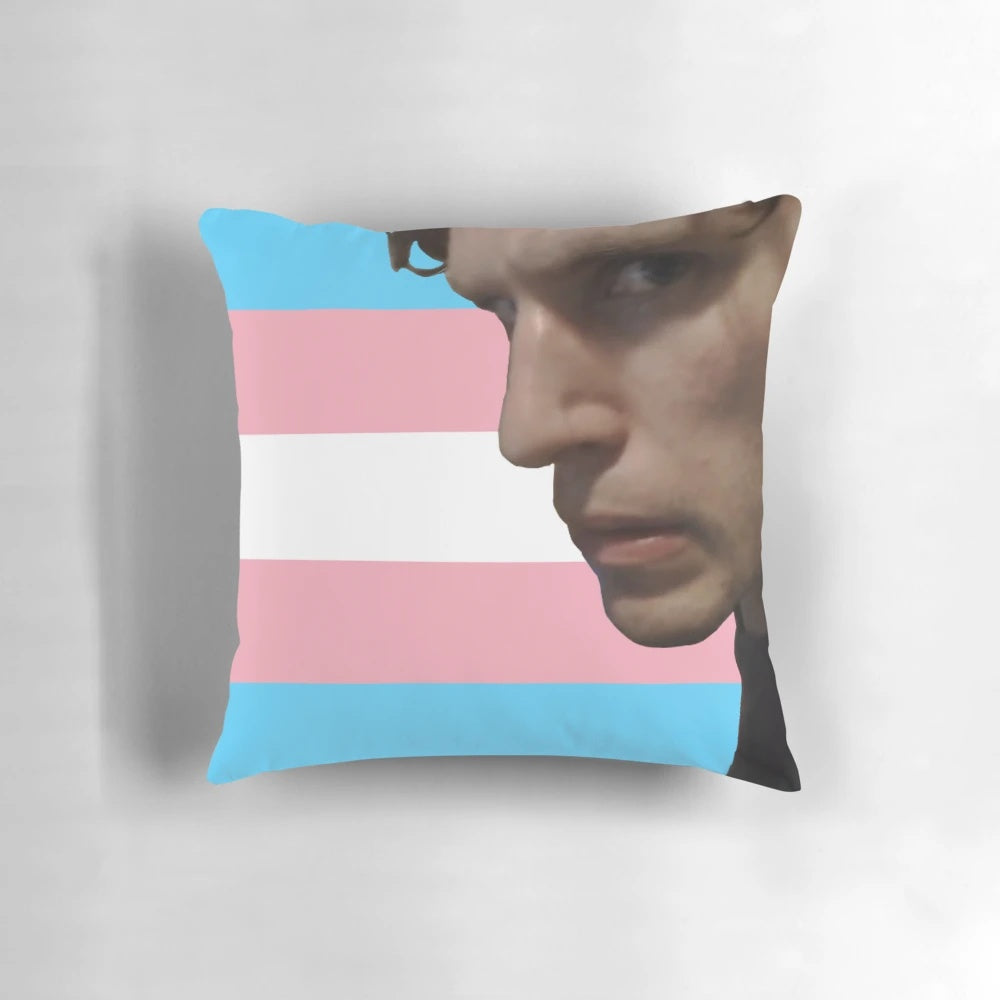 A soft, comfortable pillow featuring the image of Jerma, a popular online streamer who has publicly identified as transgender.