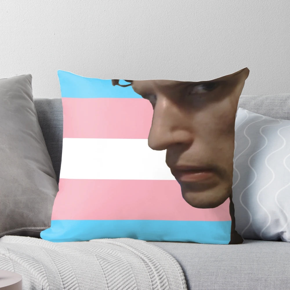A soft, comfortable pillow featuring the image of Jerma, a popular online streamer who has publicly identified as transgender.
