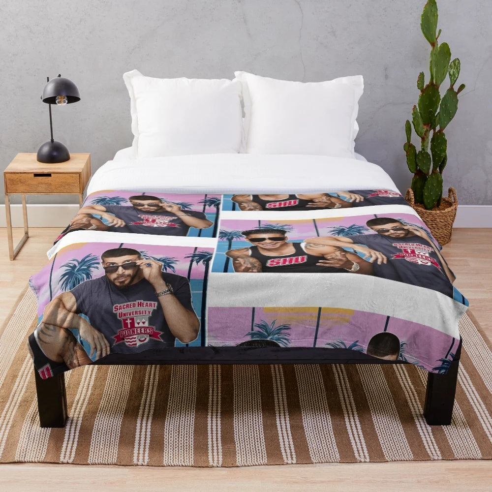 Jersey Shore Inspired Plush Blanket Featuring Vinny, Pauly D, and SHU Logo