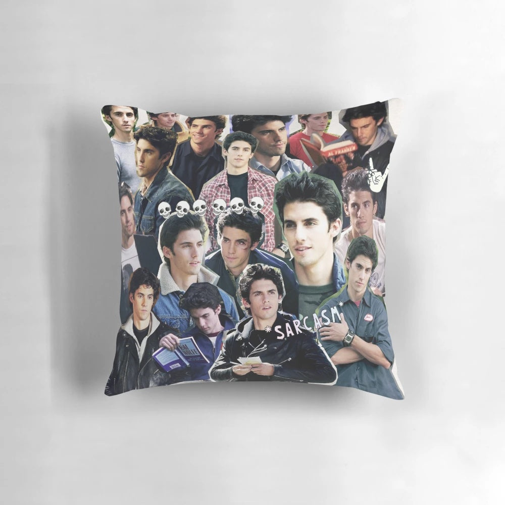 Jess Mariano inspired collage design printed on a soft, comfortable pillow