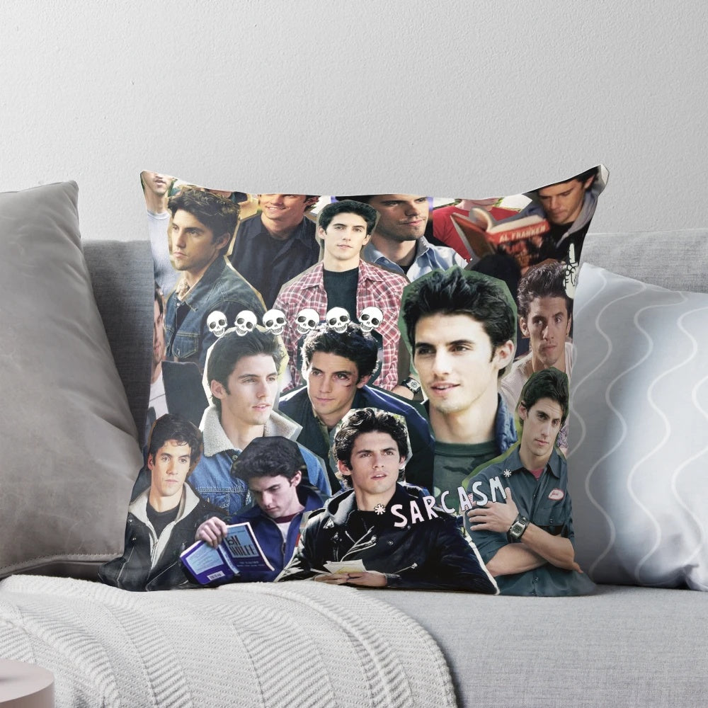 Jess Mariano inspired collage design printed on a soft, comfortable pillow