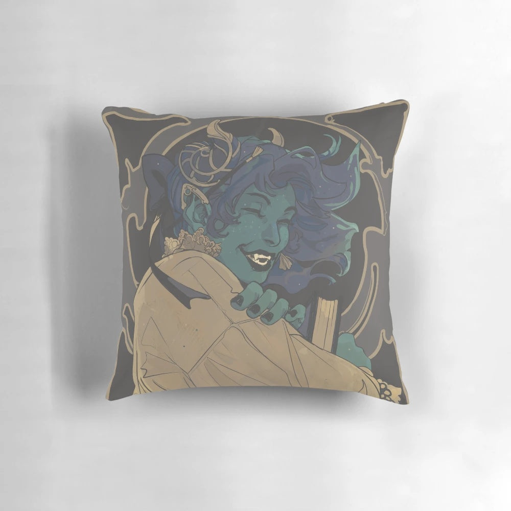 Jester 04 Pillow featuring a tiefling character from the Dungeons & Dragons inspired fantasy art nouveau design.