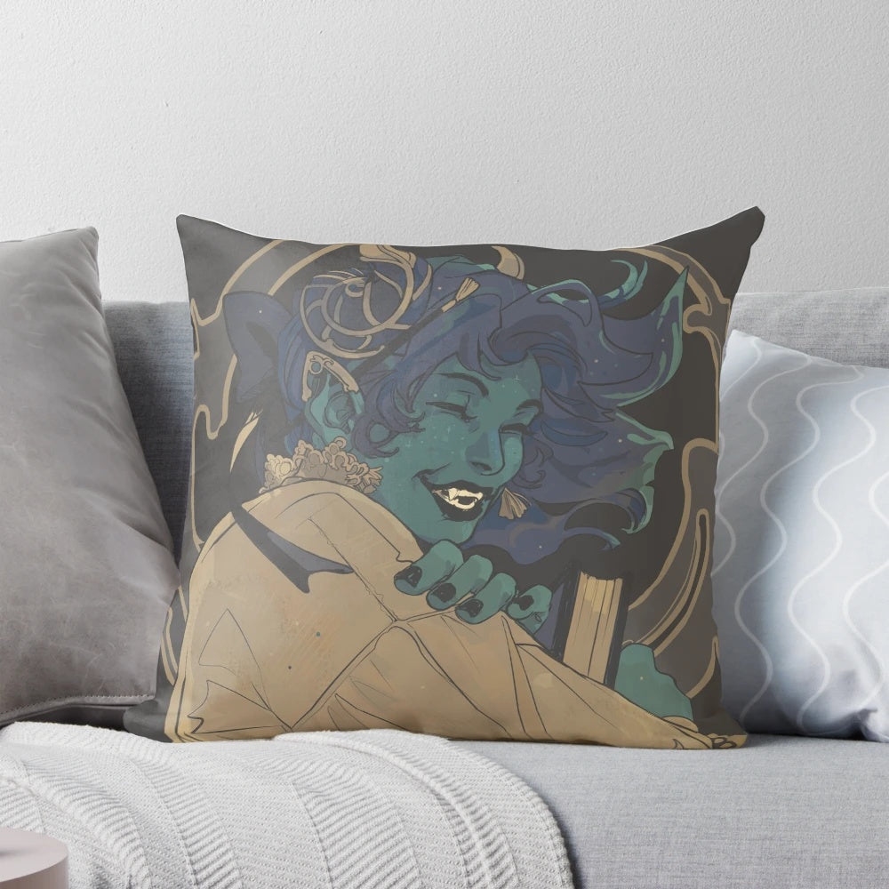 Jester 04 Pillow featuring a tiefling character from the Dungeons & Dragons inspired fantasy art nouveau design.