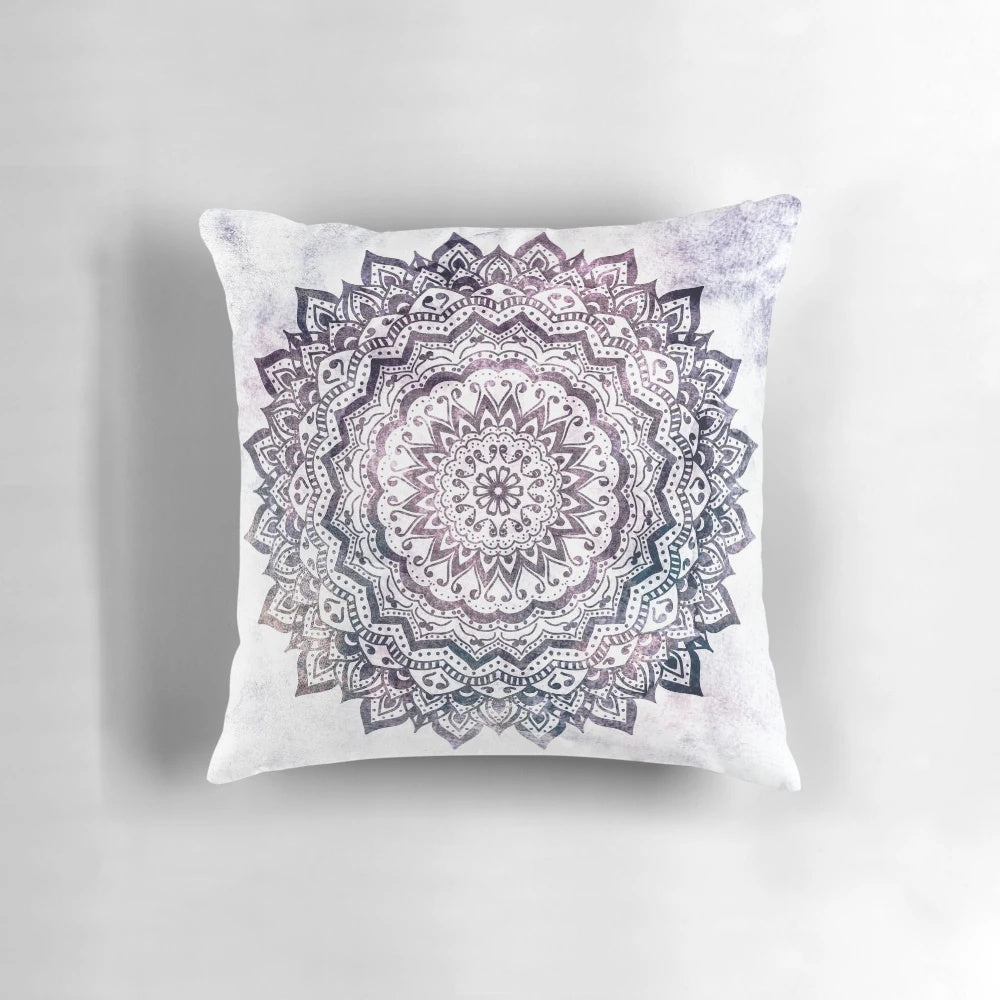 Vibrant jewel-toned mandala print on a plush, high-quality pillow.