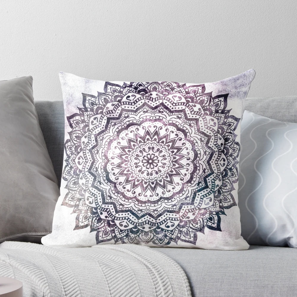 Vibrant jewel-toned mandala print on a plush, high-quality pillow.