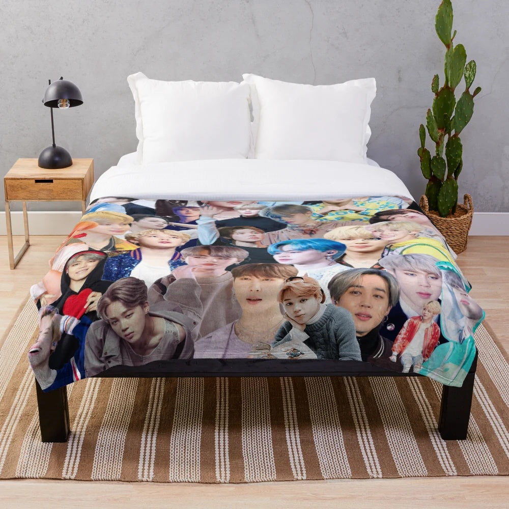 Jimin-inspired plush blanket featuring a collage design of the BTS member