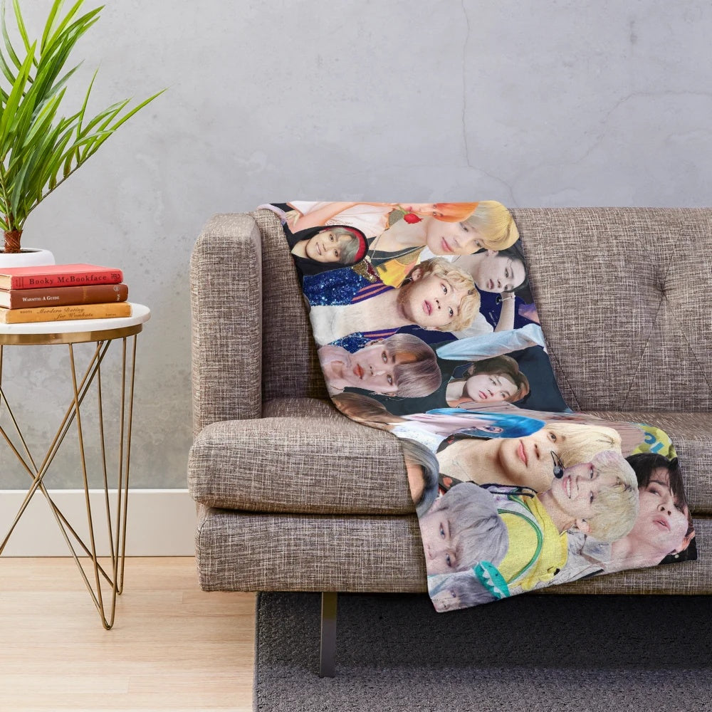 Jimin-inspired plush blanket featuring a collage design of the BTS member