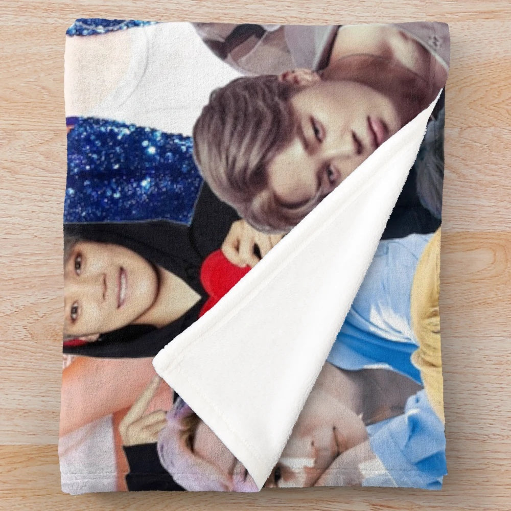 Jimin-inspired plush blanket featuring a collage design of the BTS member