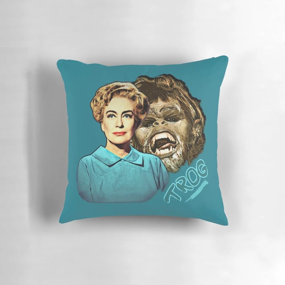 Vintage photo of Joan Crawford in the movie "Trog" depicted on a decorative pillow