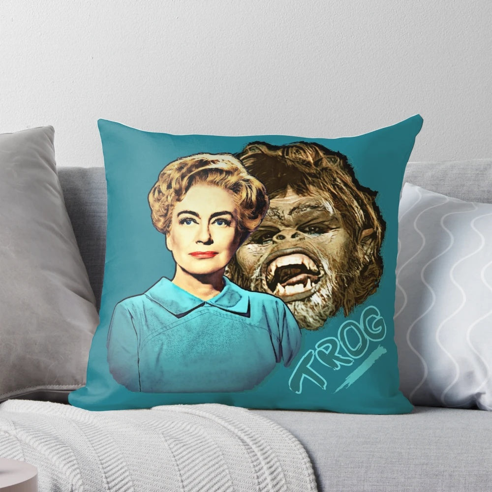 Vintage photo of Joan Crawford in the movie "Trog" depicted on a decorative pillow