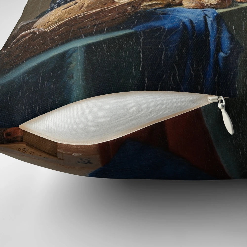 A decorative throw pillow featuring Johannes Vermeer's iconic painting "The Milkmaid" from the Dutch Golden Age.