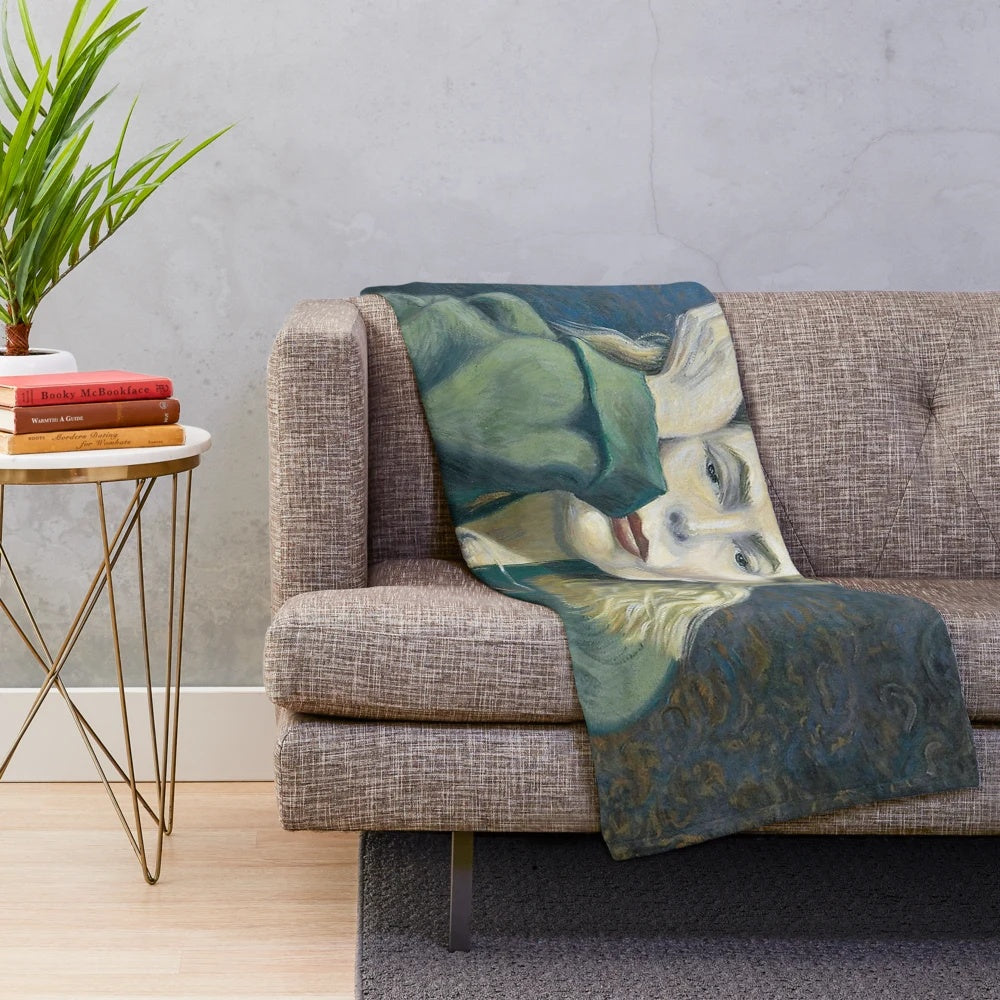 Joni Mitchell inspired plush blanket featuring a digital collage portrait of the folk music legend