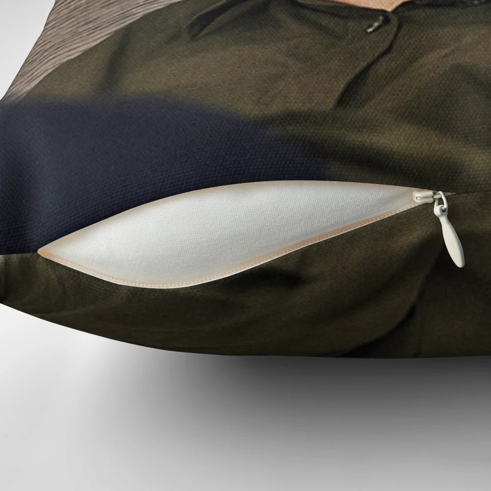 Josh O'Connor, star of "The Crown", depicted on a plush, comfortable pillow.