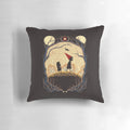 A cozy, over the garden wall-inspired journey pillow featuring a whimsical design with a moon, lantern, and forest elements.