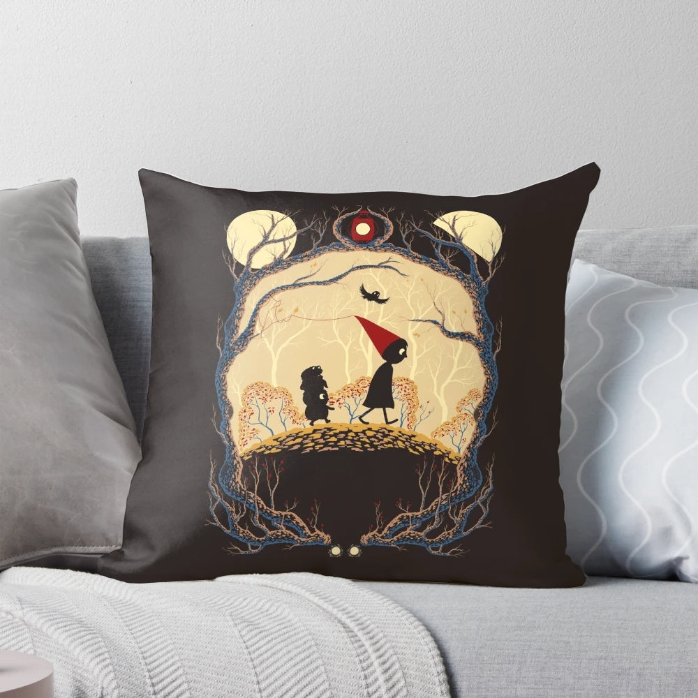 A cozy, over the garden wall-inspired journey pillow featuring a whimsical design with a moon, lantern, and forest elements.