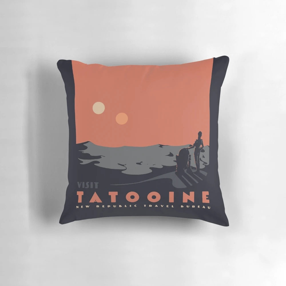 Tatooine-inspired throw pillow featuring the iconic desert landscape from the Star Wars universe