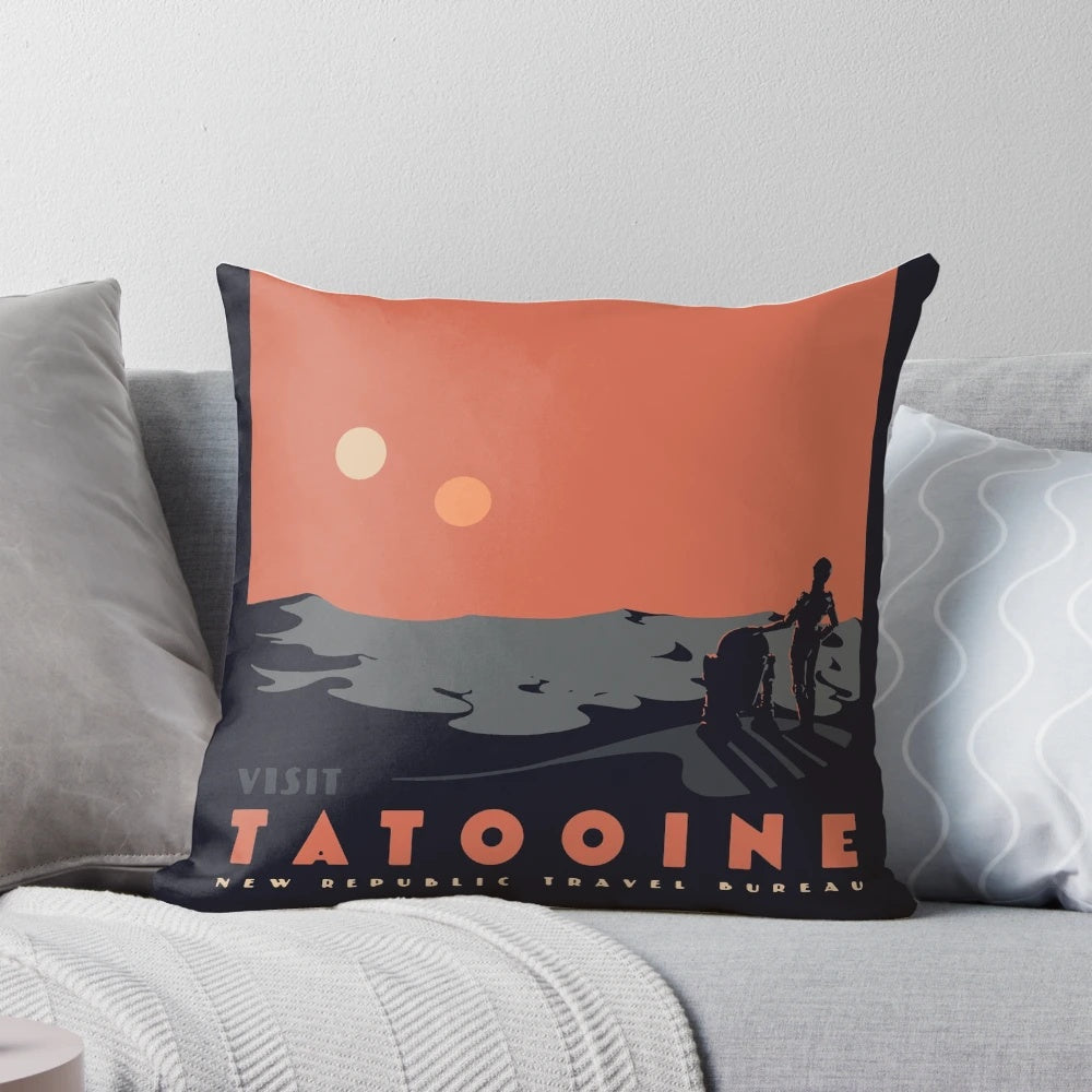 Tatooine-inspired throw pillow featuring the iconic desert landscape from the Star Wars universe