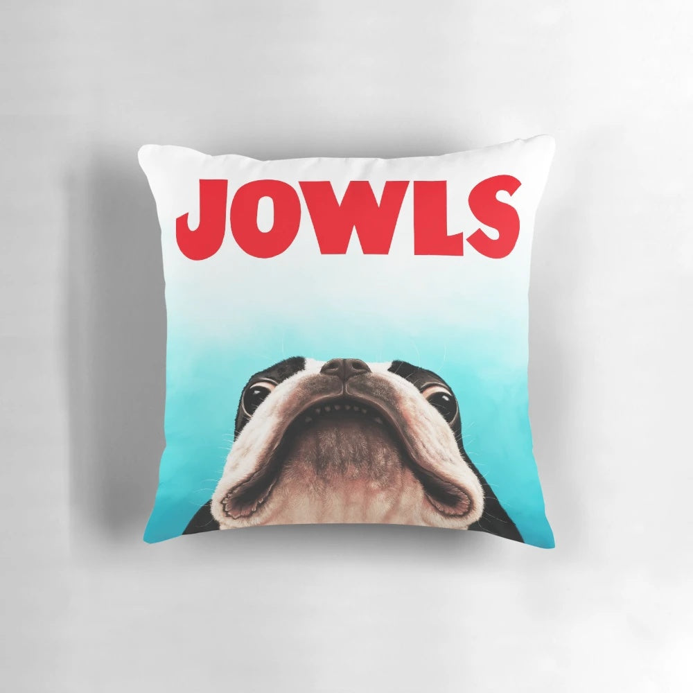 Jowls Boston Terrier Pillow - Humorous movie parody design featuring a Boston Terrier with exaggerated jowls