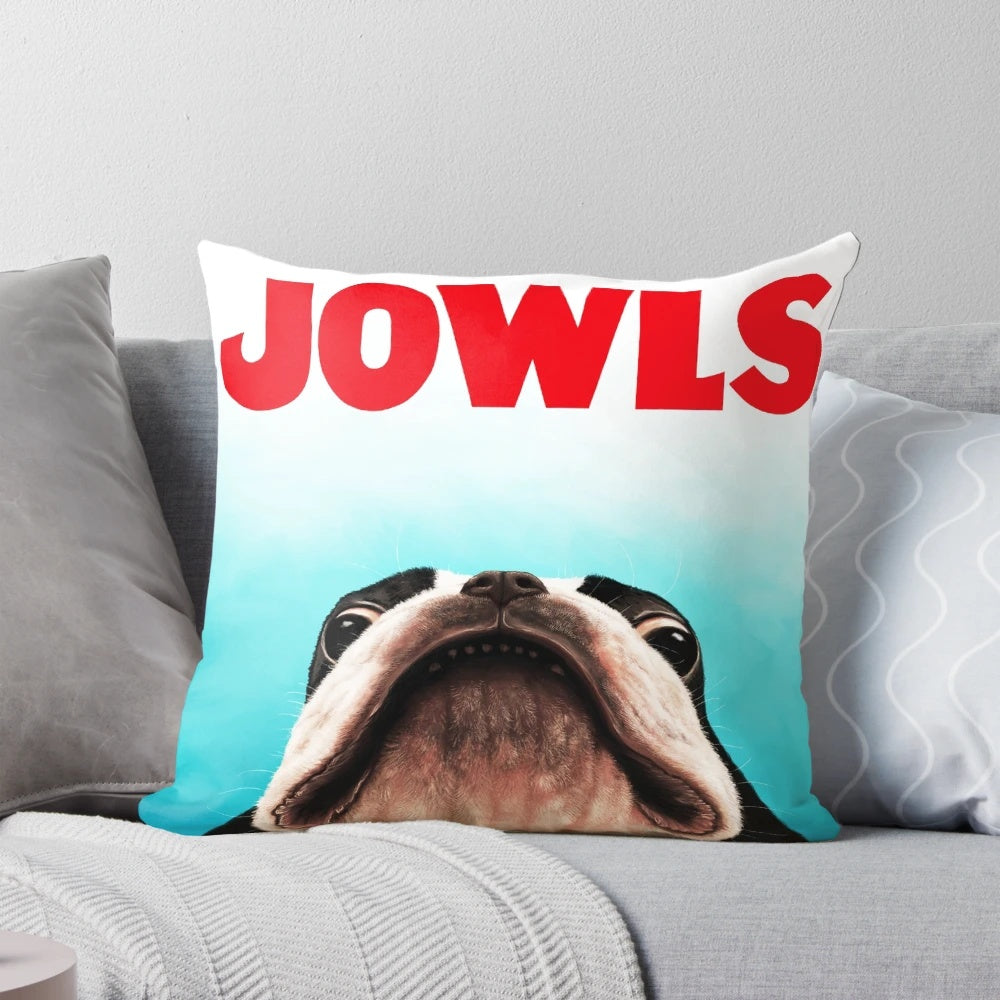 Jowls Boston Terrier Pillow - Humorous movie parody design featuring a Boston Terrier with exaggerated jowls