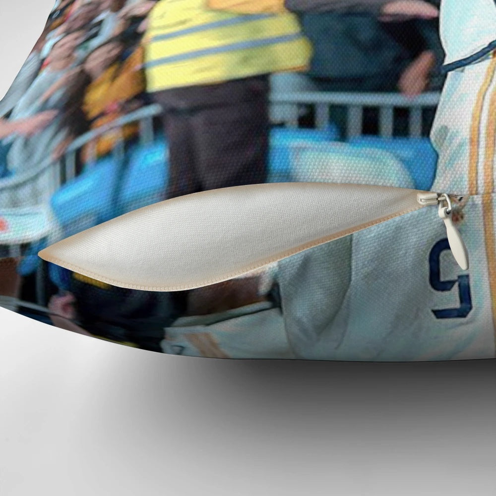 A decorative pillow featuring artwork of Jude Bellingham, the talented young footballer playing for Real Madrid.