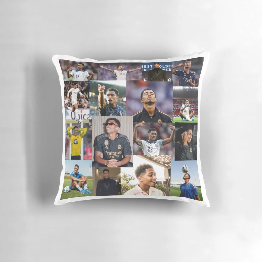 A collage-style image of soccer player Jude Bellingham on a soft pillow.