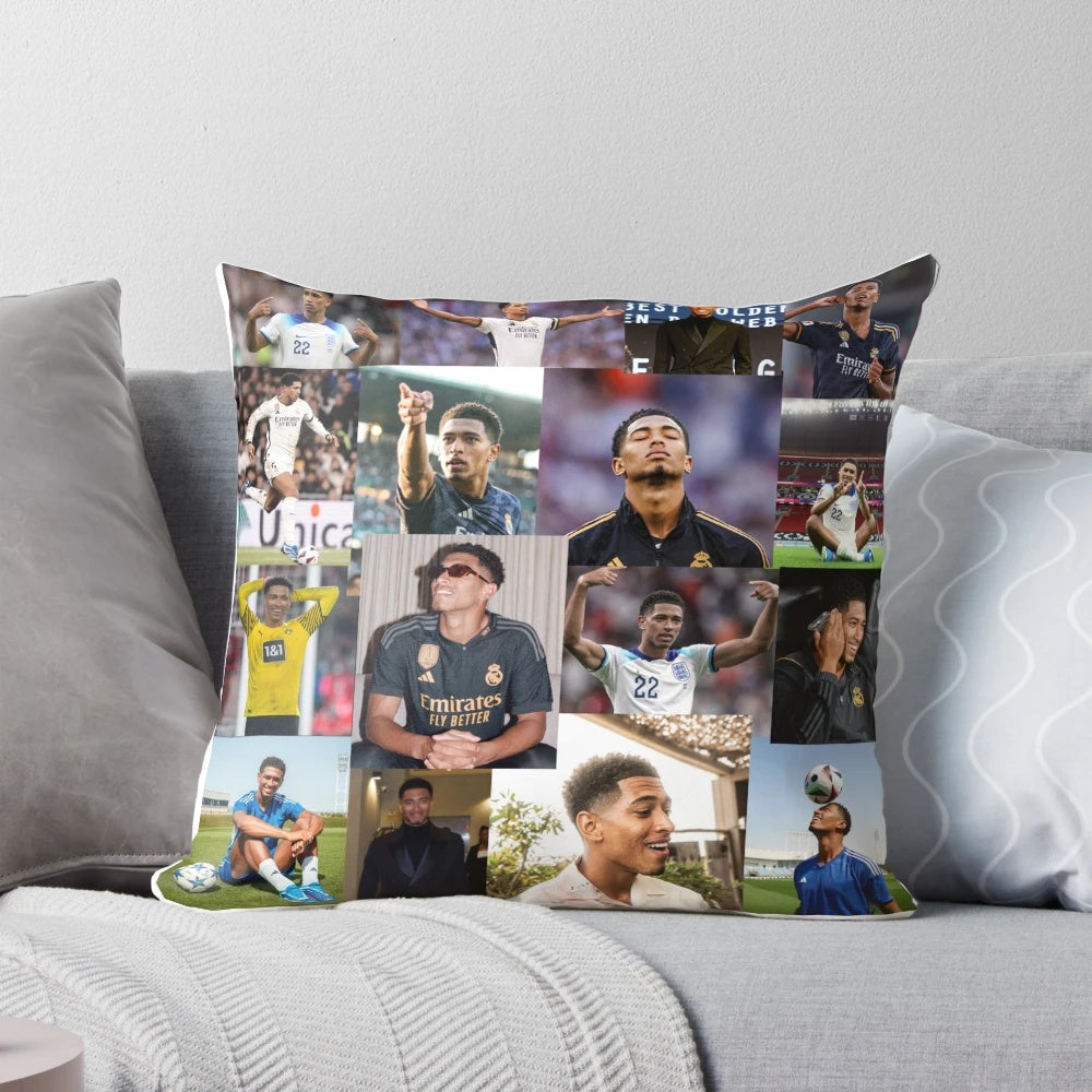 A collage-style image of soccer player Jude Bellingham on a soft pillow.