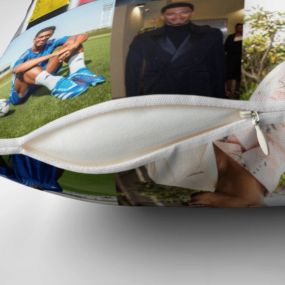 A collage-style image of soccer player Jude Bellingham on a soft pillow.