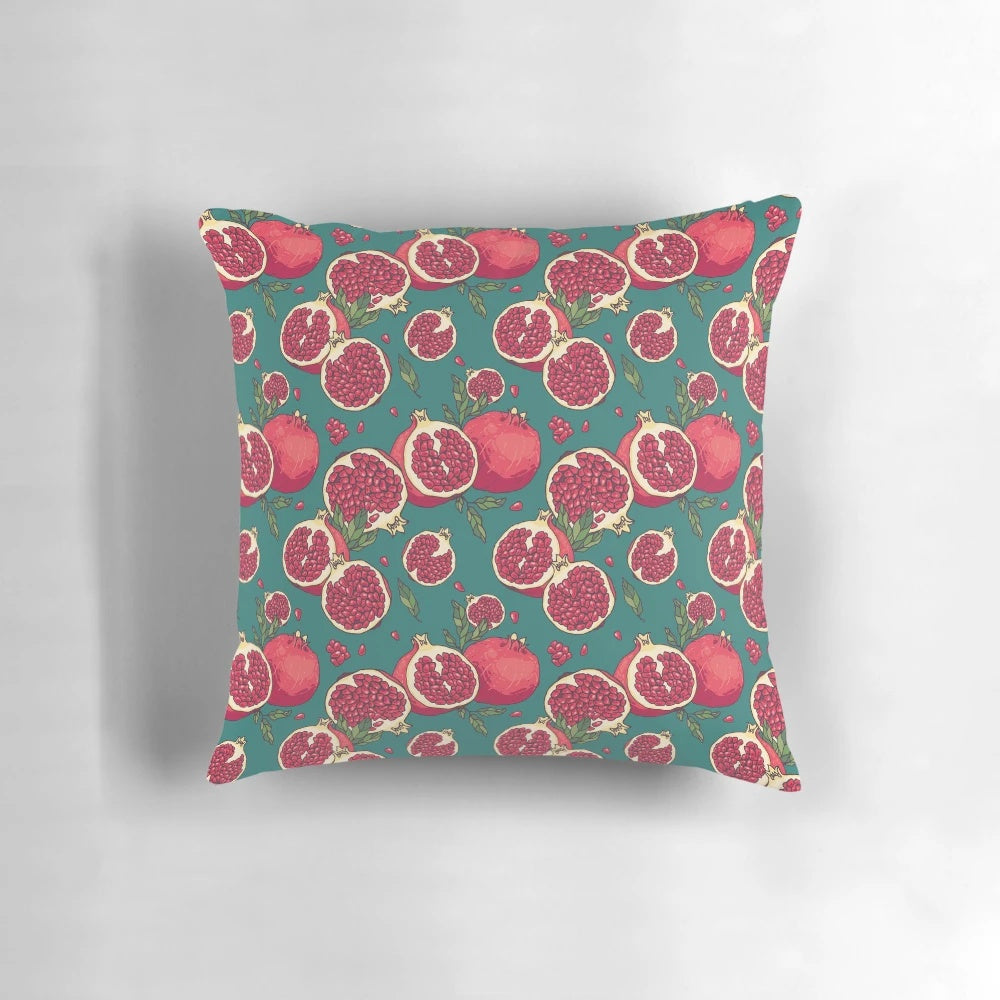 Vibrant pomegranate fruits printed on a plush decorative pillow