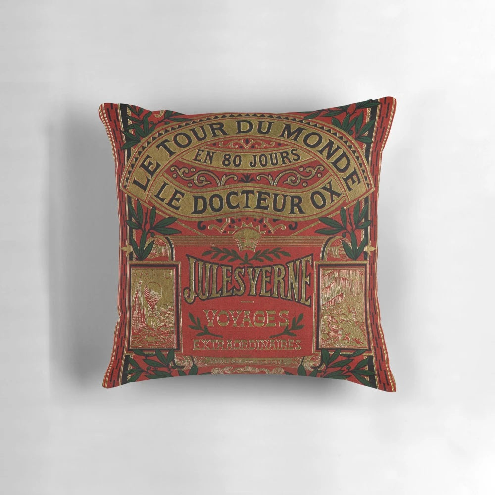 Jules Verne's "Around the World in Eighty Days" themed pillow with a vintage science fiction book cover design