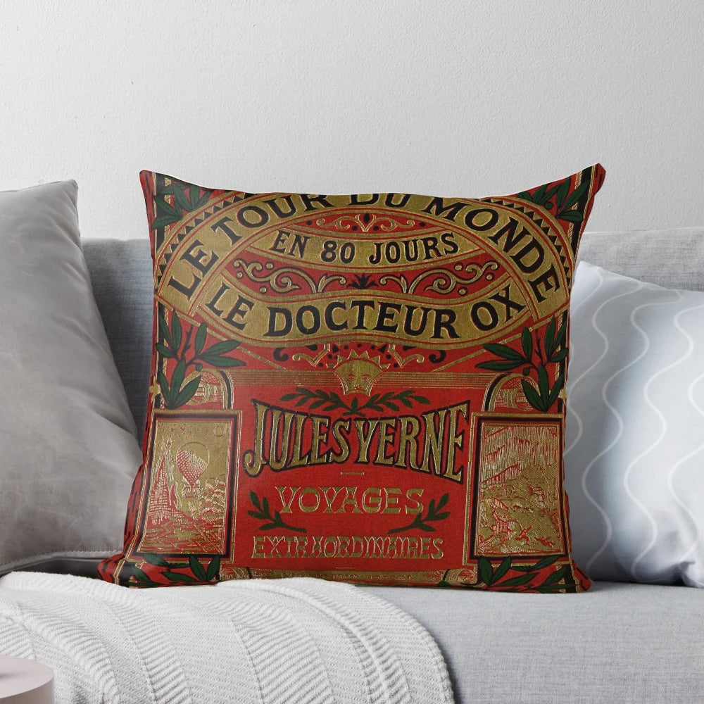 Jules Verne's "Around the World in Eighty Days" themed pillow with a vintage science fiction book cover design
