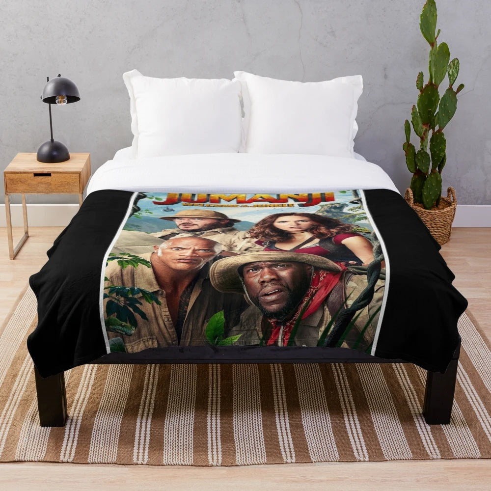 Jumanji-themed plush blanket with Dwayne Johnson movie graphics