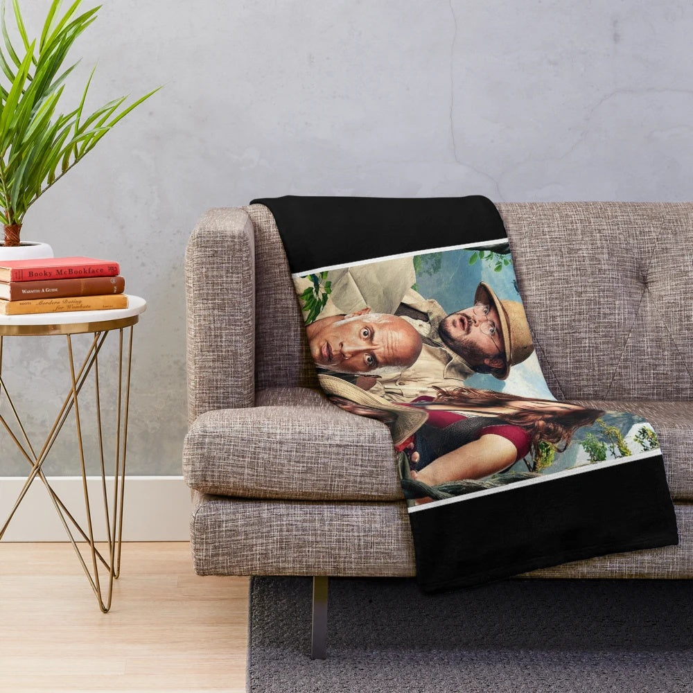 Jumanji-themed plush blanket with Dwayne Johnson movie graphics